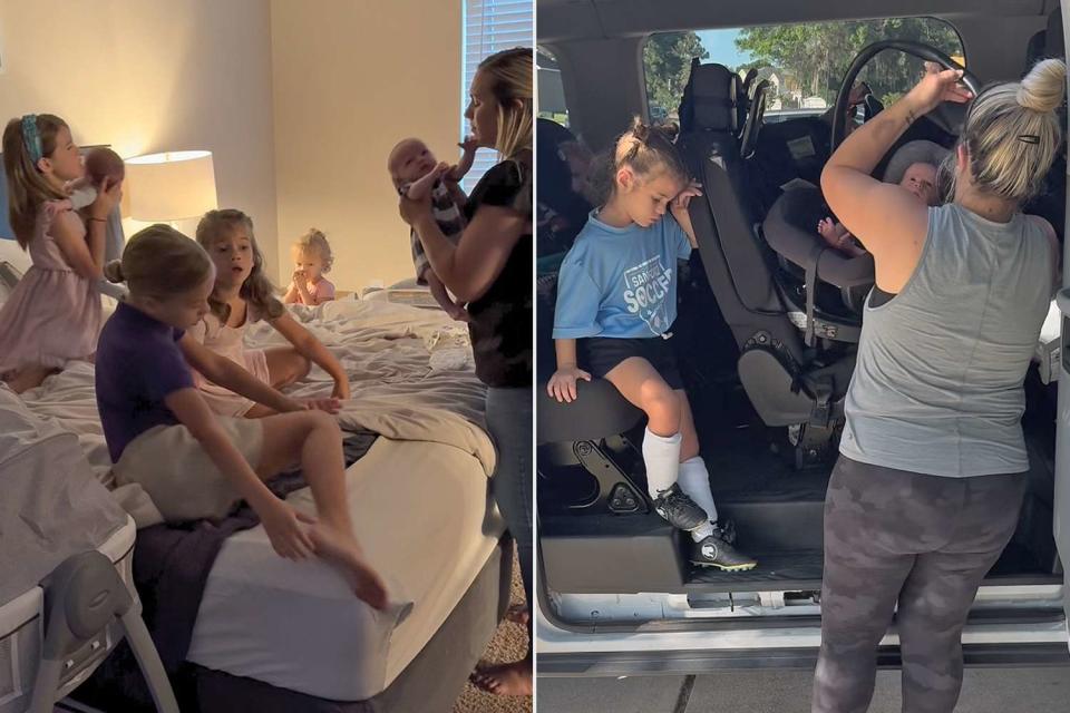 <p><a href="https://www.tiktok.com/@alexamsmith7">@alexamsmith7/TikTok</a></p> Kids on bed getting ready (left), Alexa loading kids into the van