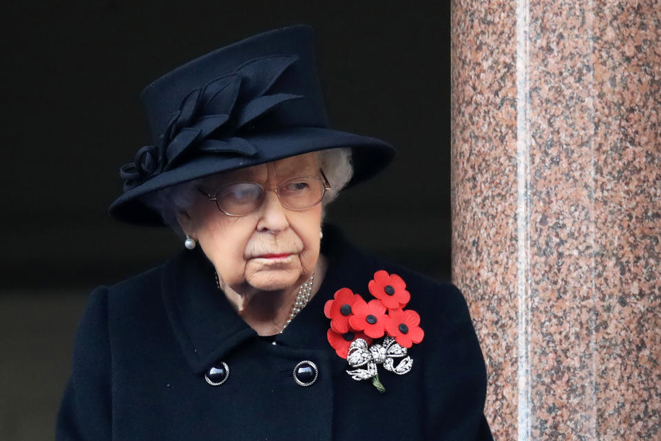 Britain's Queen Elizabeth II attends the Remembrance Sunday ceremony at the Cenotaph on Whitehall in central London, on November 8, 2020. - Remembrance Sunday is an annual commemoration held on the closest Sunday to Armistice Day, November 11, the anniversary of the end of the First World War and services across Commonwealth countries remember servicemen and women who have fallen in the line of duty since WWI. This year, the service has been closed to members of the public due to the novel coronavirus COVID-19 pandemic. (Photo by Aaron Chown / POOL / AFP) (Photo by AARON CHOWN/POOL/AFP via Getty Images)
