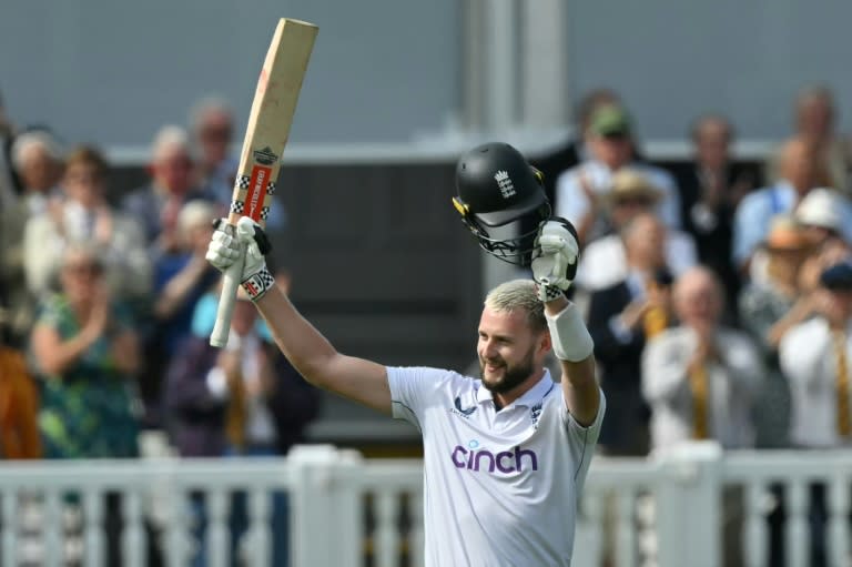 Ton of joy: England's Gus Atkinson celebrates reaching his hundred against Sri Lanka in the second Test at Lord's (Glyn KIRK)