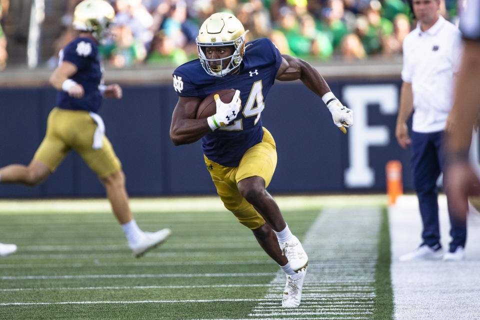 Notre Dame's Jadarian Price (24) runs down the sideline during the second half of an NCAA college football game against Tennessee State on Saturday, Sept. 2, 2023, in South Bend, Ind. (AP Photo/Michael Caterina)