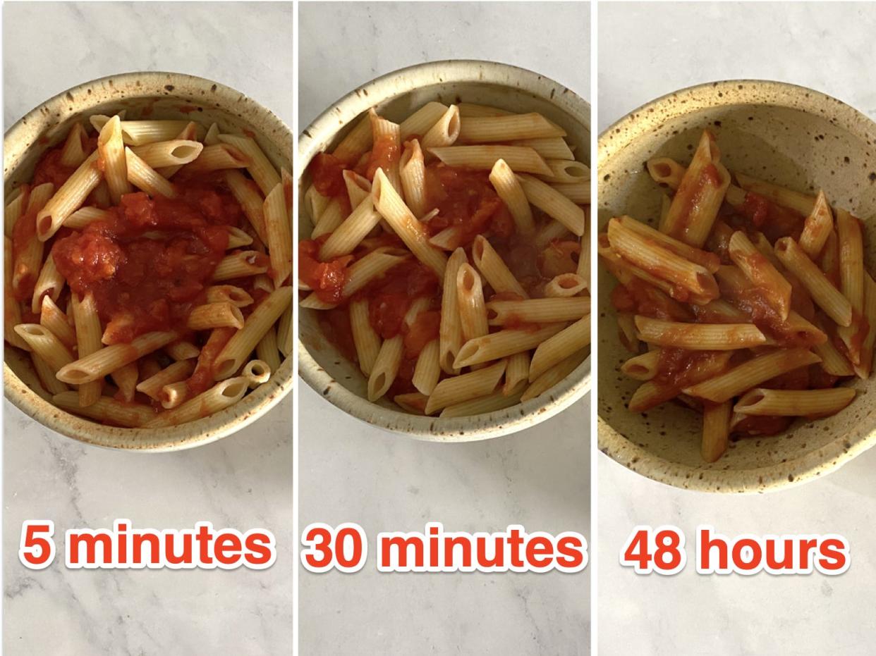 triple side by side of labeled 5 minute 30 minute and 48 hour marinara on pasta