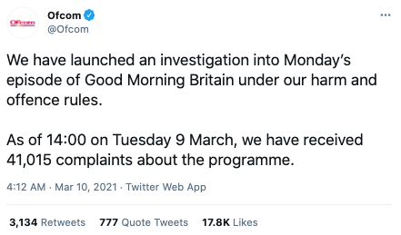 Screenshot of a tweet by Ofcom confirming they had 'launched an investigation' into the GMA episode where Piers Morgan said he 'didn't believe a word' Meghan Markle said about her mental health and other topics