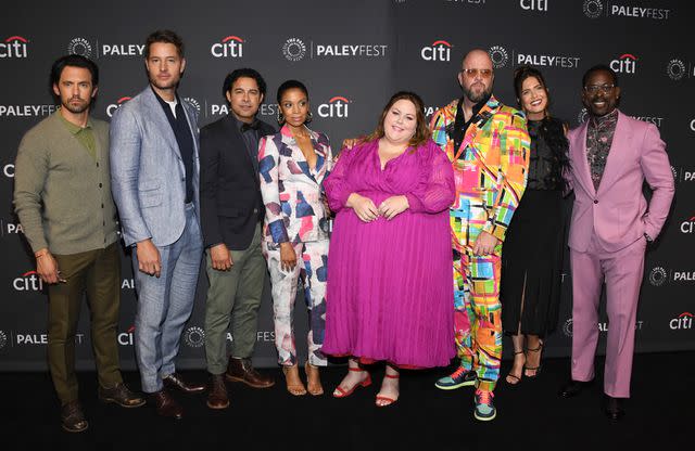 Jon Kopaloff/Getty Left to right: Milo Ventimiglia, Justin Hartley, Jon Huertas, Susan Kelechi Watson, Chrissy Metz, Chris Sullivan, Mandy Moore and Sterling K. Brown of 