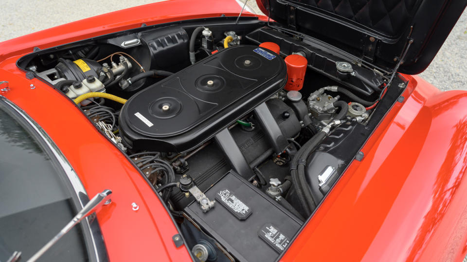 The single-overhead-cam, Colombo-designed 4.4-liter V-12 engine inside a 1967 Ferrari 365 California Spyder.