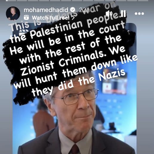 Hadid called Biden a “Nazi” and a war criminal in his Instagram Story on Sunday.