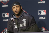 New York Yankees pitcher CC Sabathia answers questions during a news conference before Game 5 of baseball's American League Championship Series against the Houston Astros, Friday, Oct. 18, 2019, in New York. (AP Photo/Seth Wenig)