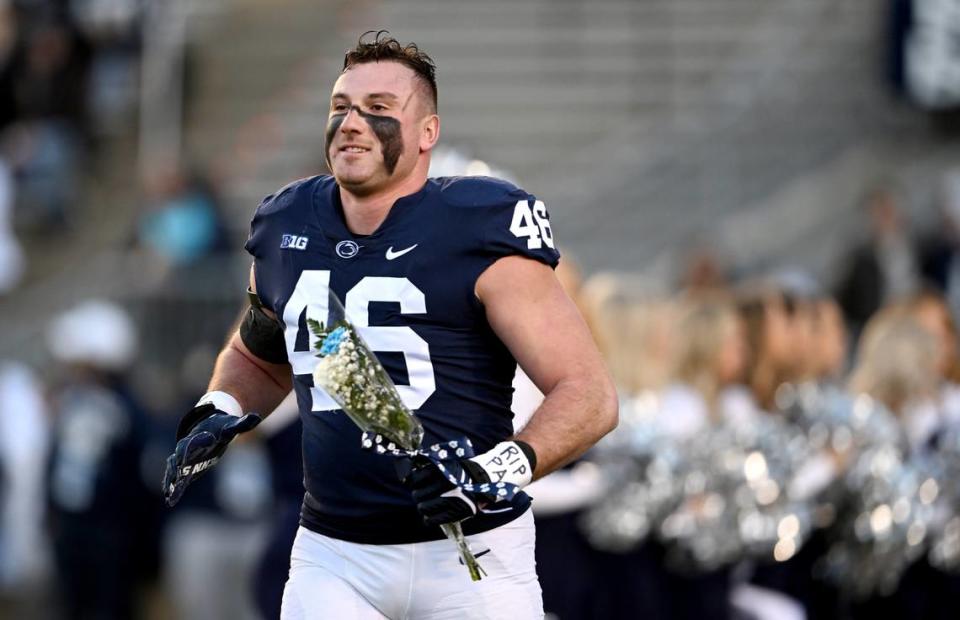 Penn State defensive end Nick Tarburton is part of the senior day celebration before the game against Michigan State on Saturday, Nov. 26, 2022.