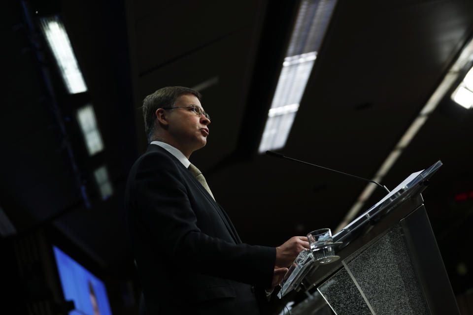 European Commissioner for An Economy that Works for People Valdis Dombrovskis speaks during a news conference following a European Foreign Trade ministers meeting at the European Council headquarters in Brussels, Thursday, May 20, 2021. (AP Photo/Francisco Seco, Pool)