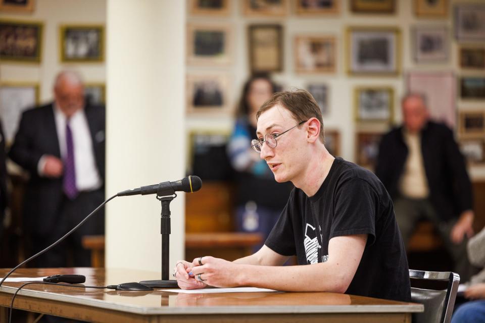 Borough resident Isaac Riston speaks during an hour and a half of public comment by residents against leasing a portion of the library out during the January meeting of the Hanover Borough Council, Monday, Jan. 29, 2024, in Hanover Borough.