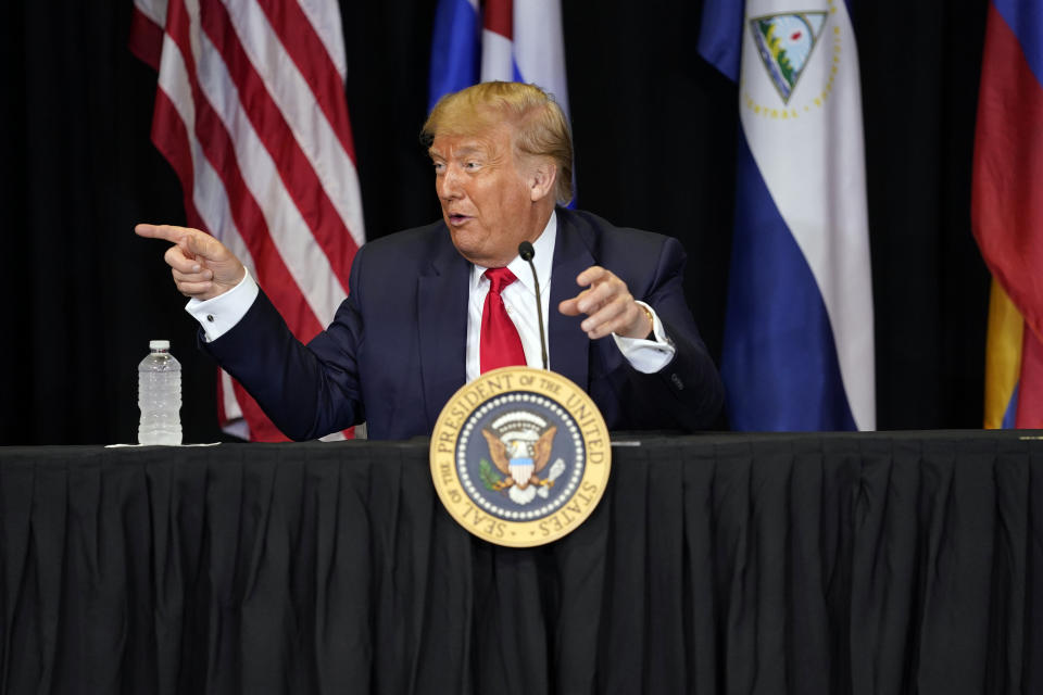 President Donald Trump speaks during a roundtable on Venezuela at Iglesia Doral Jesus Worship Center, Friday, July 10, 2020, in Doral, Fla. (AP Photo/Evan Vucci)