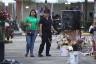 <p>Natascha Soto and Melinda Vargas (L-R) visit the memorial setup outside the Pulse gay nightclub as they remember those lost one year ago during a mass shooting on June 12, 2017 in Orlando, Florida. (Joe Raedle/Getty Images) </p>