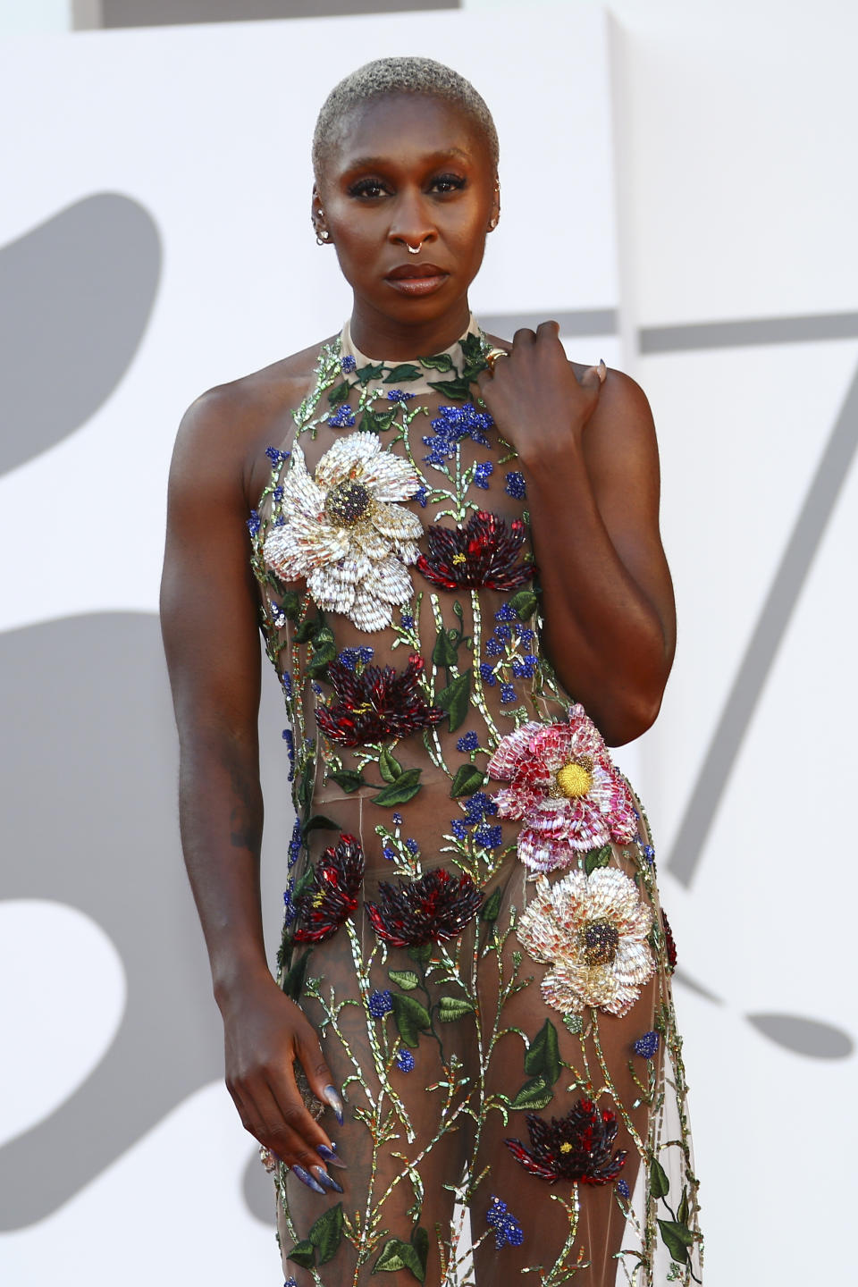 Cynthia Erivo poses for photographers upon arrival at the closing ceremony of the 78th edition of the Venice Film Festival in Venice, Italy, Saturday, Sept. 11, 2021. (Photo by Joel C Ryan/Invision/AP)