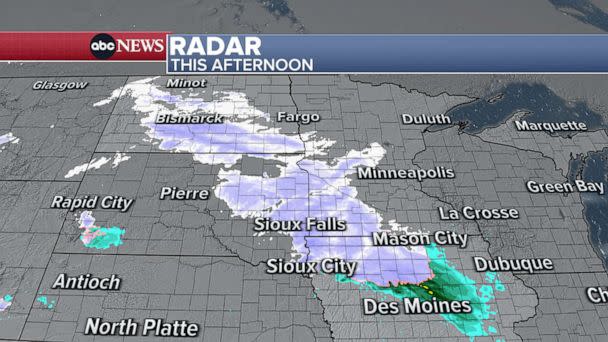 PHOTO: A low pressure system broke off from the action out west and has moved into the Northern Plains, bringing snow and rain from the Dakotas to the Great Lakes. (ABC News)