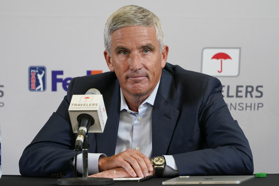 FILE - PGA Tour Commissioner Jay Monahan speaks during a news conference before the Travelers Championship golf tournament at TPC River Highlands, June 22, 2022, in Cromwell, Conn. Monahan is returning to work just over a month after he stepped away for a “medical situation” during a tumultuous time of working out a surprise commercial agreement with the Saudi backers of LIV Golf. (AP Photo/Seth Wenig, File)