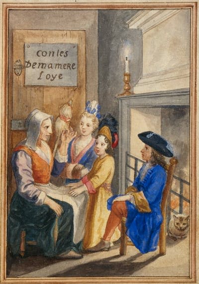 Ilustración de autor desconocido del manuscrito de <em>Histoires ou contes du temps passé, avec des moralités, avec cet autre titre au dos : Contes de ma mère l'Oye</em> de Charles Perrault, 1695. <a href="https://commons.wikimedia.org/wiki/File:Perrault_1695_Contes.jpg" rel="nofollow noopener" target="_blank" data-ylk="slk:Wikimedia Commons / Morgan Library and Museum;elm:context_link;itc:0;sec:content-canvas" class="link ">Wikimedia Commons / Morgan Library and Museum</a>