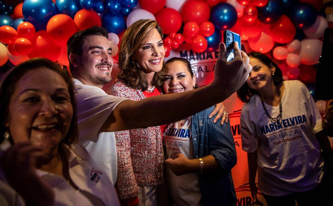 Incumbent U.S. Congresswoman María Elvira Salazar celebrates with supporters as she gets reelected to the Florida’s 27th Congressional district against Democratic candidate Florida State Senator Annette Taddeo, during the midterms elections results watch party at La Carreta Restaurant in Little Havana, on Tuesday November 8, 2022.