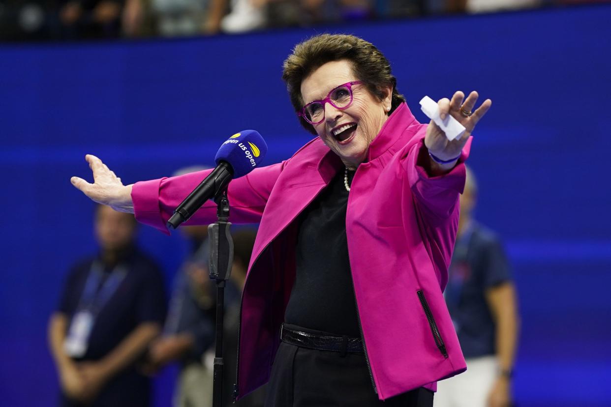 Billie Jean King speaks after Serena Williams, of the United States, defeated Danka Kovinic, of Montenegro, during the first round of the U.S. Open tennis championship on Monday, Aug. 29, 2022, in New York.