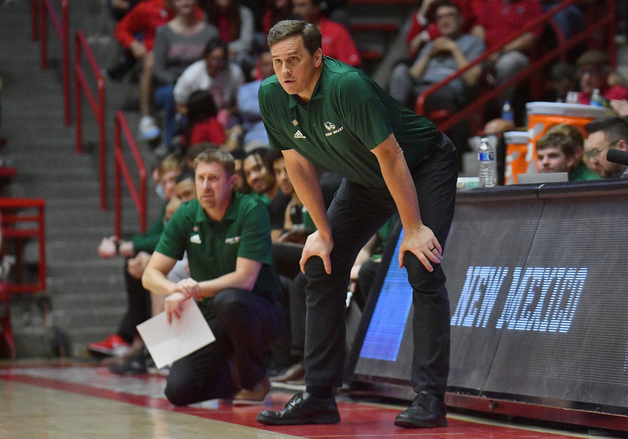 ALBUQUERQUE, NEW MEXICO - MARCH 15: Head coach Mark Madsen of the Utah Valley Wolverines looks on during the second half of their first round game against the New Mexico Lobos in the 2023 National Invitation Tournament at The Pit on March 15, 2023 in Albuquerque, New Mexico. The Wolverines defeated the Lobos 83-69. (Photo by Sam Wasson/Getty Images)