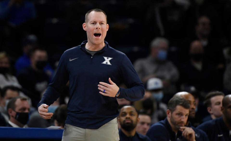 Jan 19, 2022; Chicago, Illinois, USA;  Xavier Musketeers head coach Travis Steele directs the team against DePaul Blue Demons during the first half at Wintrust Arena.