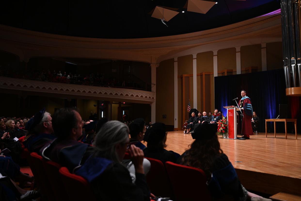 Ohio Wesleyan University President Matt vandenBerg gives his inauguration address April 19, 2024, at Gray Chapel on the university's Delaware campus. Among the initiatives he announced was the Delaware County Promise, which will allow low-income students in the county to attend OWU tuition-free.