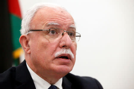 Palestinian Foreign Minister Riyad al-Maliki holds a news conference at the International Criminal Court in The Hague, Netherlands, May 22, 2018. REUTERS/Francois Walschaerts