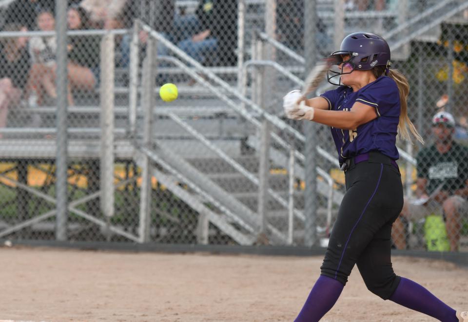 Fowlerville's Kennedy Douglass connects against Portland St. Patrick Thursday, June 2, 2022, during a Softball Classic semifinal at Ranney Park in Lansing. Fowlerville won 5-4.