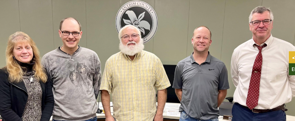 From left to right are Antrim County Commissioners Dawn LaVanway, Jarris Rubingh, Terry VanAlstine, Jason Helwig and Bill Hefferan.