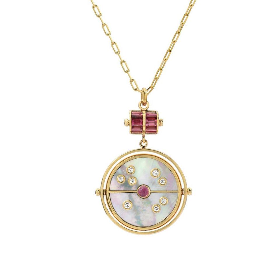 <p>Backed by a dainty disc of mother-of-pearl, this spinel pendant would make a beautiful addition to any layered-necklace look. </p><p>Yellow gold, mother-of-pearl, spinel and diamond pendant, about £4,987, Retrouvai</p><p><a class="link " href="https://www.retrouvai.com/products/grandfather-compass-pendant-white-mother-of-pearl-with-spinel?_pos=18&_sid=7c06a3bbf&_ss=r" rel="nofollow noopener" target="_blank" data-ylk="slk:SHOP NOW;elm:context_link;itc:0;sec:content-canvas">SHOP NOW</a></p>