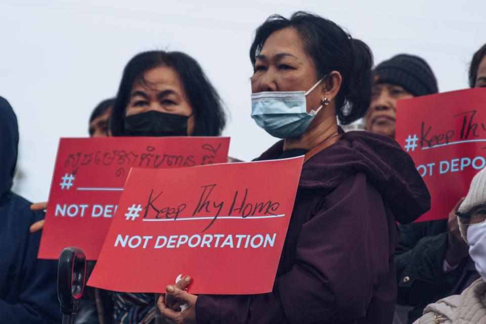 Family and friends attend a rally outside of the ICE building in Stockton as Thy Tuy faces deportation on Thursday, Dec. 21, 2023.