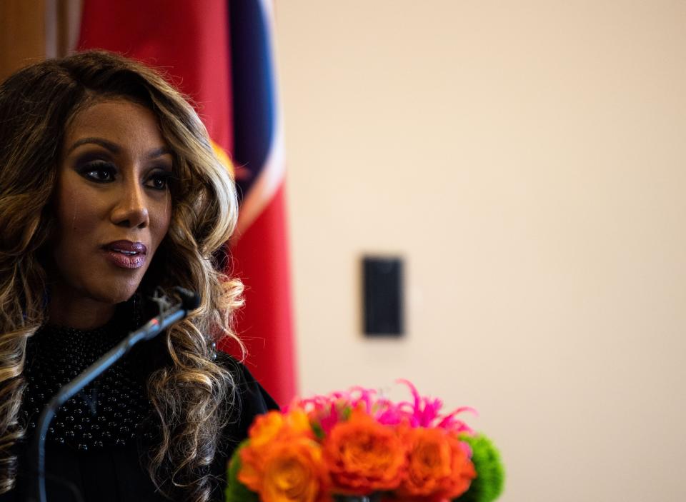 Chancellor I'Ashea Myles talks to the attorneys to begin the show cause hearing over the release of documents related to the Covenant School shooting at the Historic Metro Courthouse in Nashville, Tenn., Tuesday, April 16, 2024.