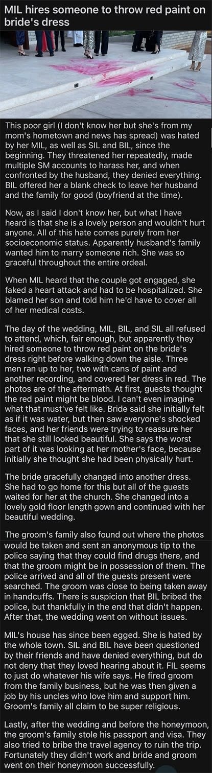 Text on image summarizing a story where a mother-in-law allegedly hired someone to throw red paint on the bride's dress