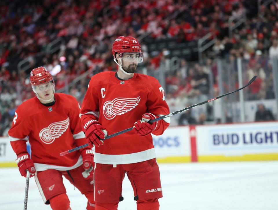 Red Wings center Dylan Larkin on the ice against the Stars during the first period on Monday, April 10, 2023, at Little Caesars Arena.