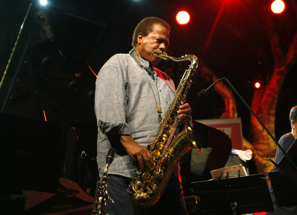 FILE - Jazz saxophonist Wayne Shorter performs at the 5 Continents Jazz Festival in Marseille, southern France on July 23, 2013. Shorter, whose lyrical jazz compositions and pioneering saxophone playing sounded through more than half a century of American music and made him one of the most influential innovators in jazz, died in Los Angeles on Thursday, March 2, 2023. He was 89. (AP Photo/Claude Paris, File)