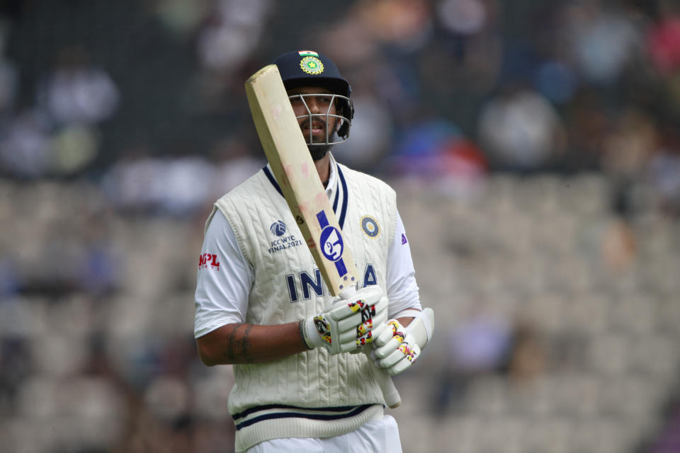 India's Ishant Sharma walks off the field after being dismissed by New Zealand's Kyle Jamieson during the third day of the World Test Championship final cricket match between New Zealand and India, at the Rose Bowl in Southampton, England, Sunday, June 20, 2021. (AP Photo/Ian Walton)