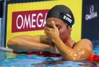 OMAHA, NE - JUNE 26: Janet Evans reacts after she competed in preliminary heat 6 of the Women's 400 m Freestyle during Day Two of the 2012 U.S. Olympic Swimming Team Trials at CenturyLink Center on June 26, 2012 in Omaha, Nebraska. (Photo by Al Bello/Getty Images)