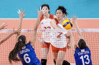 China's Zhu Ting spikes the ball during a women's volleyball preliminary round pool B match between China and Russian Olympic Committee at the 2020 Summer Olympics, Thursday, July 29, 2021, in Tokyo, Japan. (AP Photo/Manu Fernandez)