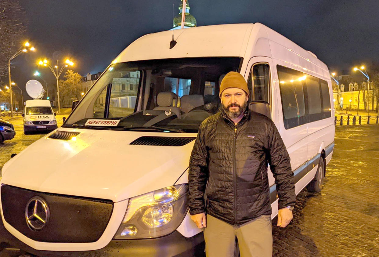 Bryan Stern in Kyiv with one of the vehicles Operation Dynamo uses to rescue people and bring them to safety. (Courtesy of Project Dynamo)