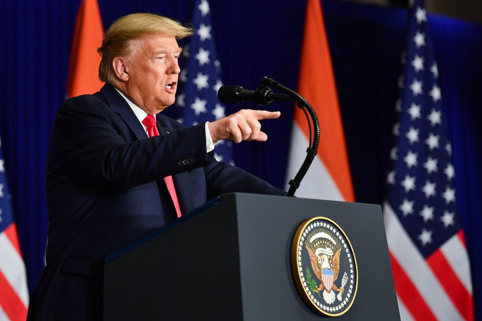 US President Donald Trump speaks during a press conference in New Delhi on February 25, 2020. (Photo by Mandel NGAN / AFP) (Photo by MANDEL NGAN/AFP via Getty Images)