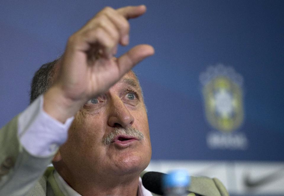 Brazil's soccer coach Luiz Felipe Scolari gestures during a press conference to announce his list of players for an upcoming friendly match with South Africa in Rio de Janeiro, Brazil, Tuesday, Feb. 11, 2014. Brazil will face South Africa on March 5. (AP Photo/Silvia Izquierdo)