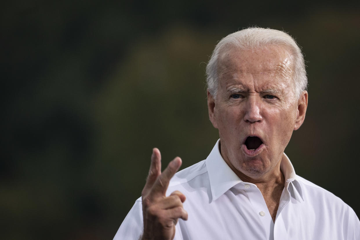 ATLANTA, GA - OCTOBER 27: Democratic presidential nominee Joe Biden speaks during a drive-in campaign rally in the parking lot of Cellairis Ampitheatre on October 27, 2020 in Atlanta, Georgia. Biden is campaigning in Georgia on Tuesday, with scheduled stops in Atlanta and Warm Springs. (Photo by Drew Angerer/Getty Images)