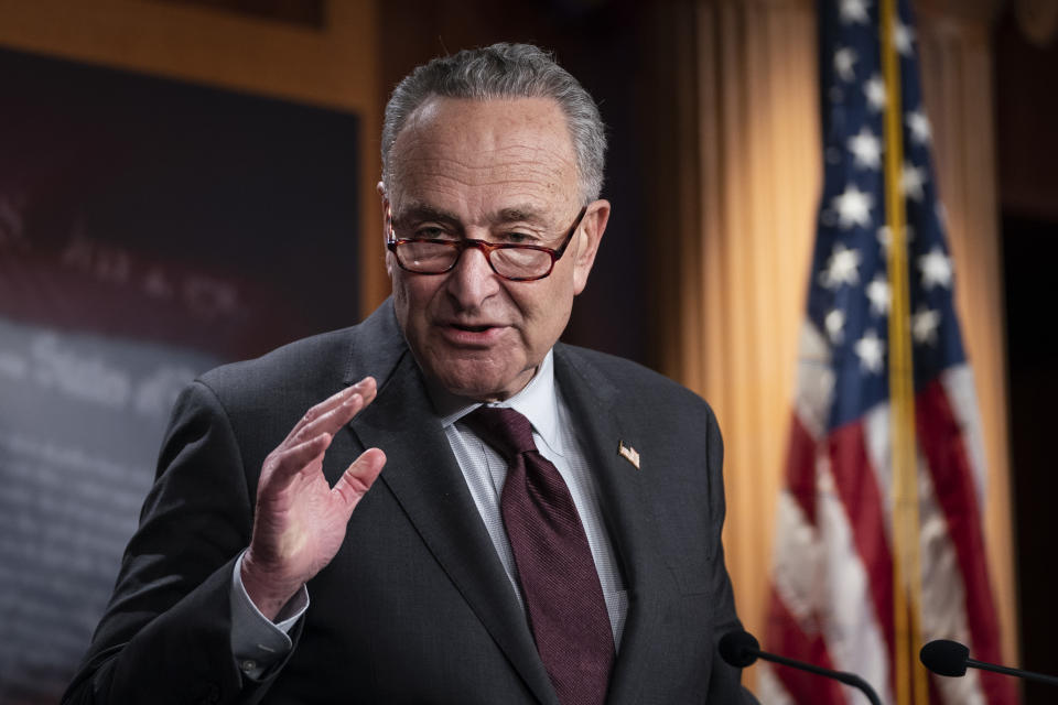 WASHINGTON, DC - FEBRUARY 2: Senate Majority Leader Chuck Schumer (D-NY) speaks during a press conference after a meeting with Senate Democrats at the U.S. Capitol on February 2, 2021 in Washington, DC. On Tuesday afternoon the Senate is voting on nominations for President Joe Biden's cabinet, including Secretary of Homeland Security nominee Alejandro Mayorkas and Secretary of Transportation nominee Pete Buttigieg. (Photo by Drew Angerer/Getty Images)