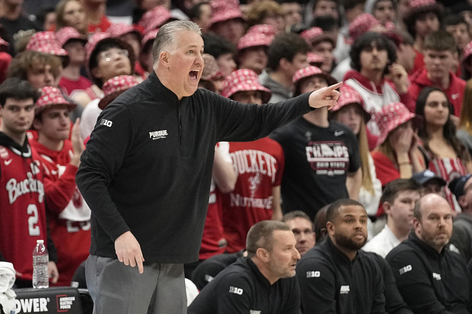 Purdue head coach Matt Painter shouts in the second half of an NCAA college basketball game against Ohio State, Sunday, Feb. 18, 2024, in Columbus, Ohio. (AP Photo/Sue Ogrocki)
