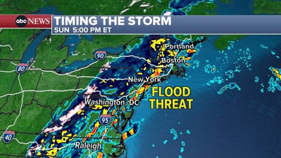 PHOTO: By 5pm ET today, the flood threat will be greatest this evening and overnight as torrential rain pours across the I-95 corridor.  (ABC News)