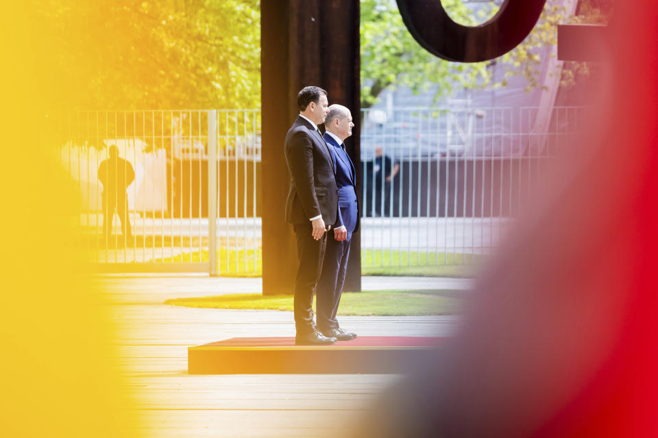 German Chancellor Olaf Scholz, right, and Portugal's Prime Minister Luis Montenegro attend their meeting at the Federal Chancellery in Berlin, Friday, May 24, 2024. (Christoph Soeder/dpa via AP)