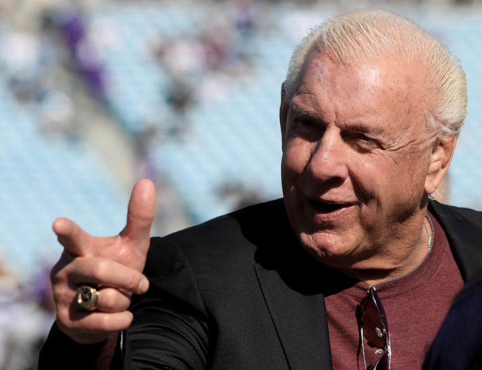 JACKSONVILLE, FL - DECEMBER 11:  Former WWE champion Ric Flair before the game between the Minnesota Vikings and Jacksonville Jaguars at EverBank Field on December 11, 2016 in Jacksonville, Florida.  (Photo by Sam Greenwood/Getty Images)