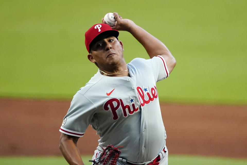 Philadelphia Phillies starting pitcher Ranger Suarez works in the first inning of the team's baseball game against the Atlanta Braves on Friday, Sept. 16, 2022, in Atlanta. (AP Photo/John Bazemore)