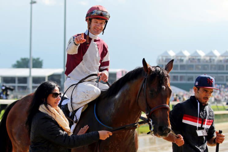 Julien Leparoux, aboard Divisidero #2, after winning at Churchill Downs on May 6, 2017. (Getty)