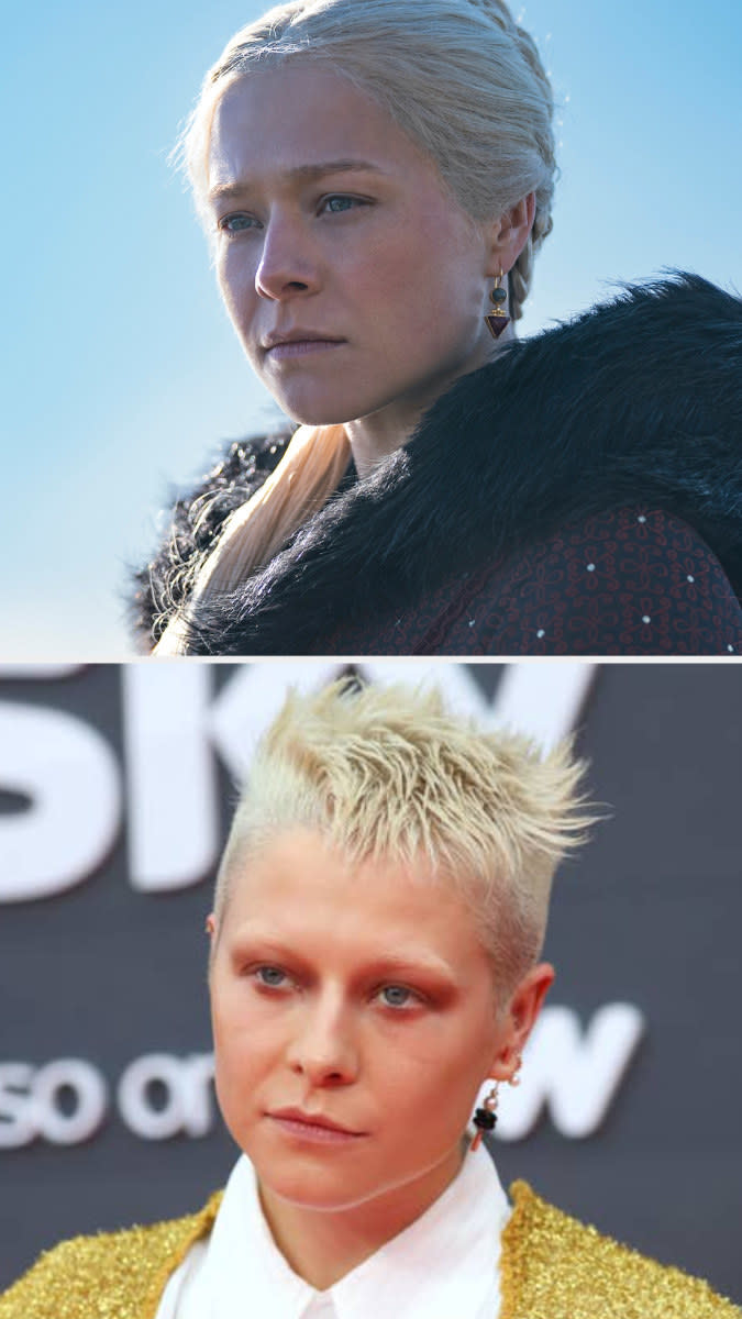 Emma D'Arcy in character as Rhaenyra above an image of Emma D'Arcy on the red carpet wearing dark eye makeup with her hair cropped short