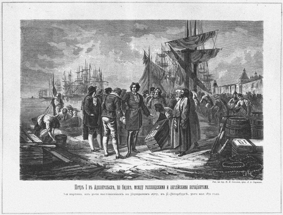 An engraving with a man standing in the center in between two trading merchants with many boats in the background.