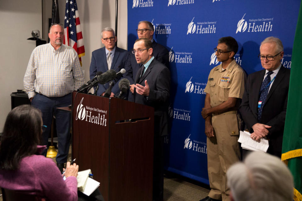 Chris Spitters, Interim Health Officer for Snohomish Health District, talks about a confirmed case of 2019 novel coronavirus in Snohomish County, Washington resident during a press conference in Shoreline, Washington on January 21, 2020. - The United States announced its first case of a new virus that has claimed six lives in China and sickened hundreds, joining countries around the world in ramping up measures to block its spread. (Photo by Jason Redmond / AFP) (Photo by JASON REDMOND/AFP via Getty Images)